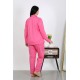 Moda Çizgi Kadın Büyük Beden Pamuklu Cepli Düğmeli Pembe Pijama Takım 202504