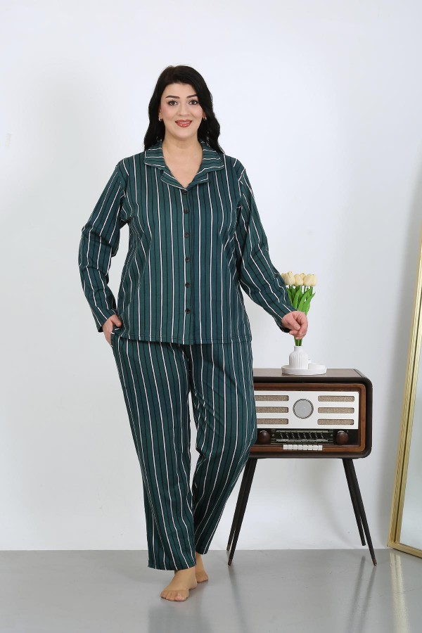 Moda Çizgi Kadın Büyük Beden Pamuklu Cepli Düğmeli Petrol Pijama Takım 202504
