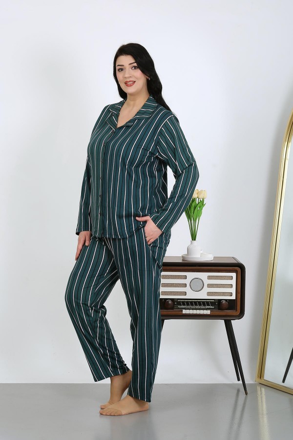 Moda Çizgi Kadın Büyük Beden Pamuklu Cepli Düğmeli Petrol Pijama Takım 202504