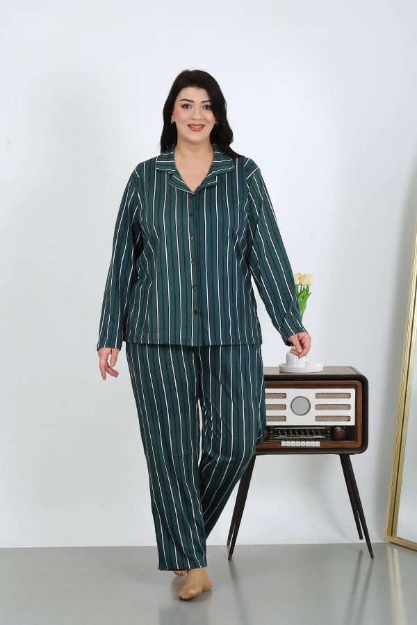 Moda Çizgi Kadın Büyük Beden Pamuklu Cepli Düğmeli Petrol Pijama Takım 202504