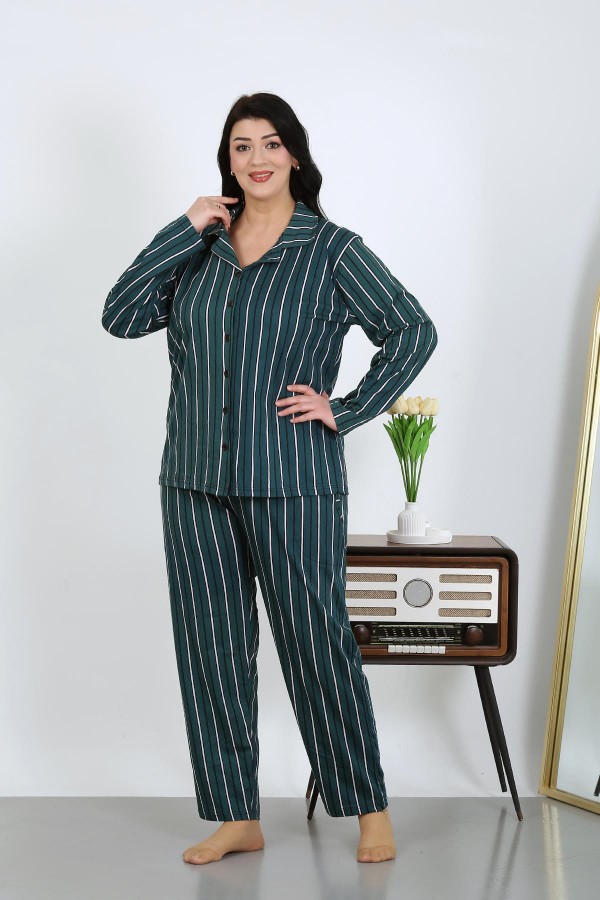 Moda Çizgi Kadın Büyük Beden Pamuklu Cepli Düğmeli Petrol Pijama Takım 202504