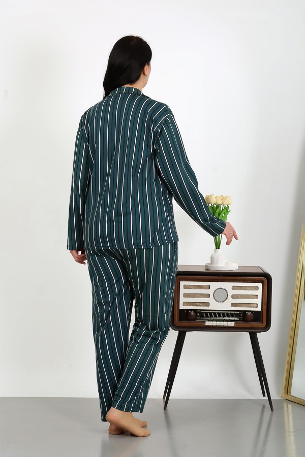 Moda Çizgi Kadın Büyük Beden Pamuklu Cepli Düğmeli Petrol Pijama Takım 202504