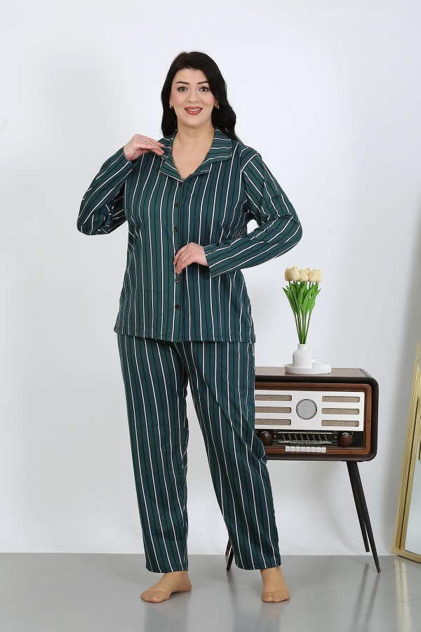 Moda Çizgi Kadın Büyük Beden Pamuklu Cepli Düğmeli Petrol Pijama Takım 202504