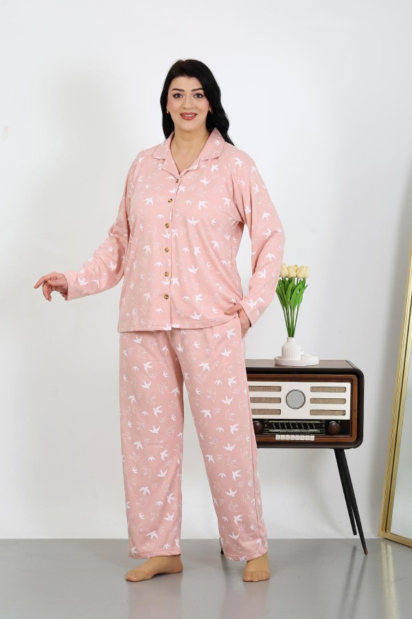 Moda Çizgi Kadın Büyük Beden Pamuklu Cepli Düğmeli Pudra Pijama Takım 202504