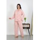 Moda Çizgi Kadın Büyük Beden Pamuklu Cepli Düğmeli Pudra Pijama Takım 202504