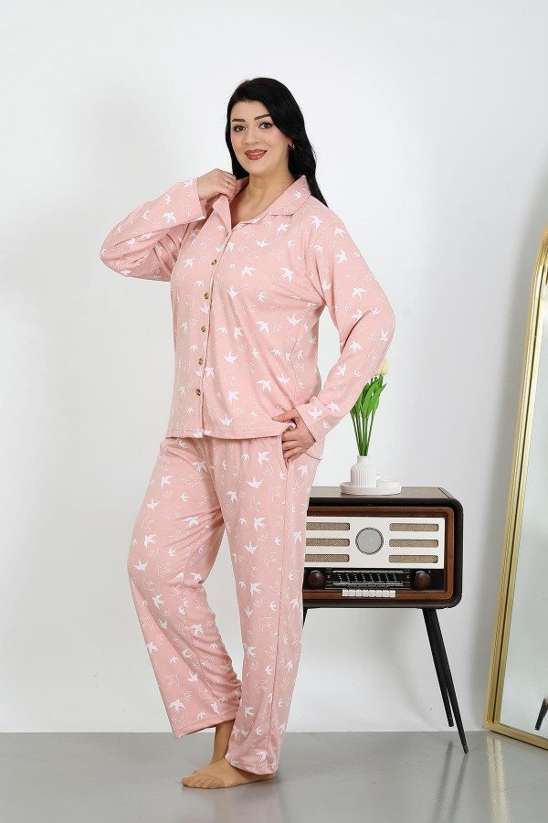 Moda Çizgi Kadın Büyük Beden Pamuklu Cepli Düğmeli Pudra Pijama Takım 202504