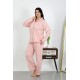 Moda Çizgi Kadın Büyük Beden Pamuklu Cepli Düğmeli Pudra Pijama Takım 202504