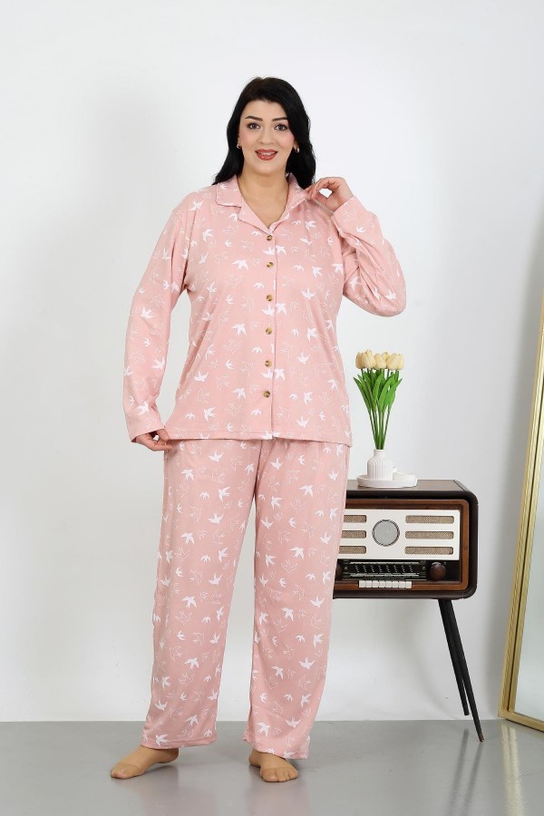 Moda Çizgi Kadın Büyük Beden Pamuklu Cepli Düğmeli Pudra Pijama Takım 202504