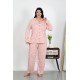 Moda Çizgi Kadın Büyük Beden Pamuklu Cepli Düğmeli Pudra Pijama Takım 202504