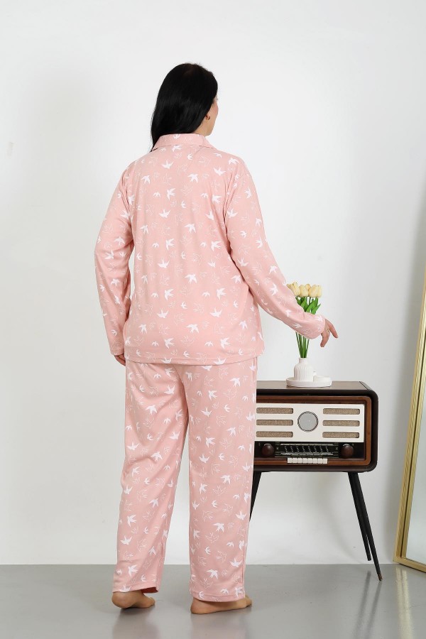 Moda Çizgi Kadın Büyük Beden Pamuklu Cepli Düğmeli Pudra Pijama Takım 202504