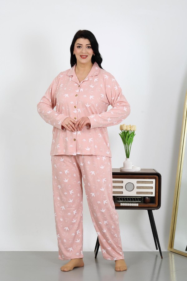 Moda Çizgi Kadın Büyük Beden Pamuklu Cepli Düğmeli Pudra Pijama Takım 202504