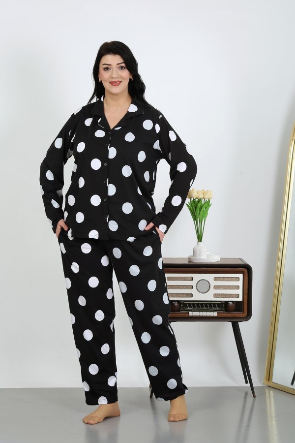 Moda Çizgi Kadın Büyük Beden Pamuklu Cepli Düğmeli Siyah Pijama Takım 202504