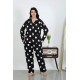 Moda Çizgi Kadın Büyük Beden Pamuklu Cepli Düğmeli Siyah Pijama Takım 202504