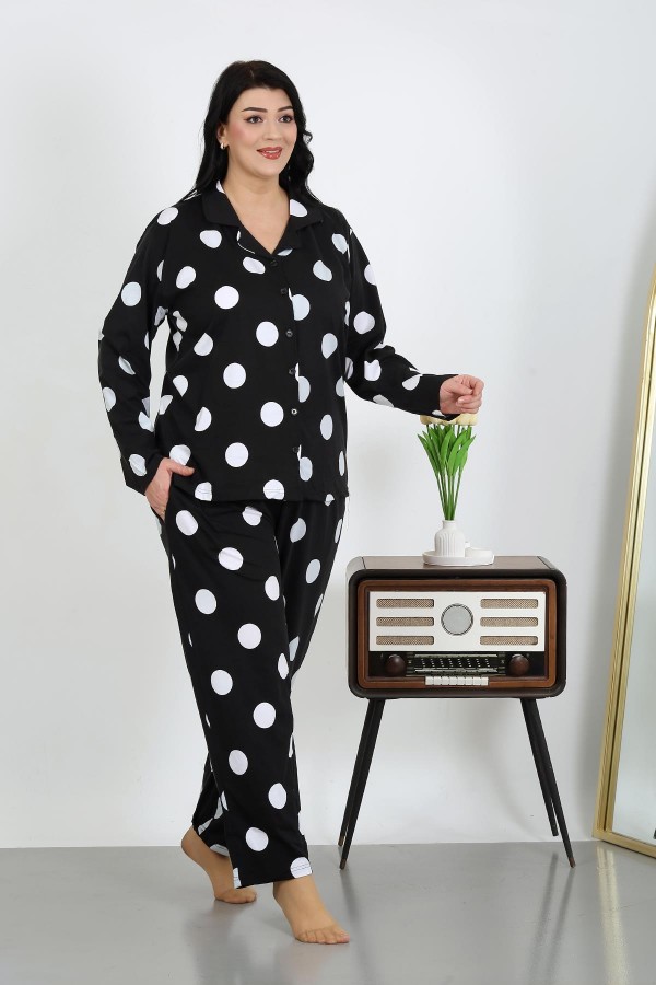 Moda Çizgi Kadın Büyük Beden Pamuklu Cepli Düğmeli Siyah Pijama Takım 202504