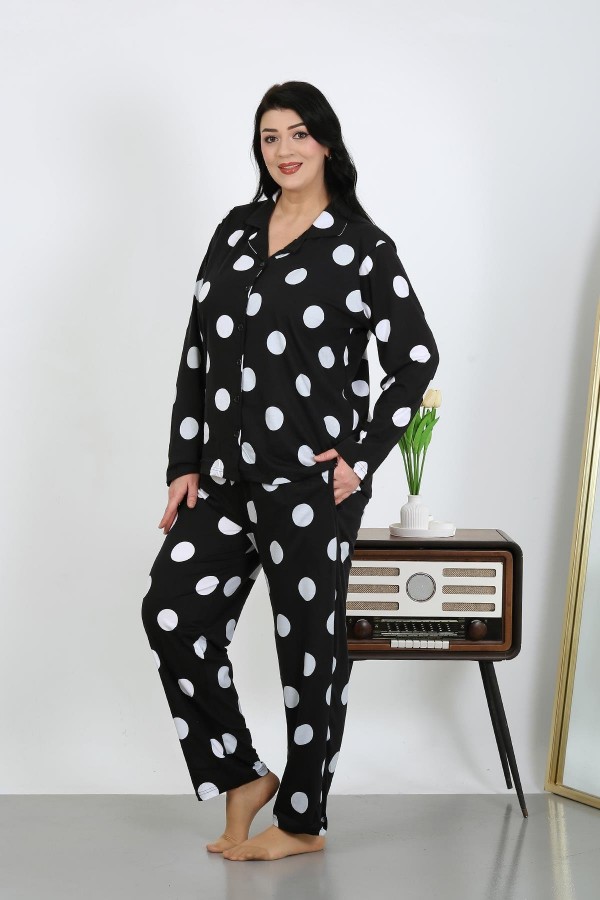 Moda Çizgi Kadın Büyük Beden Pamuklu Cepli Düğmeli Siyah Pijama Takım 202504