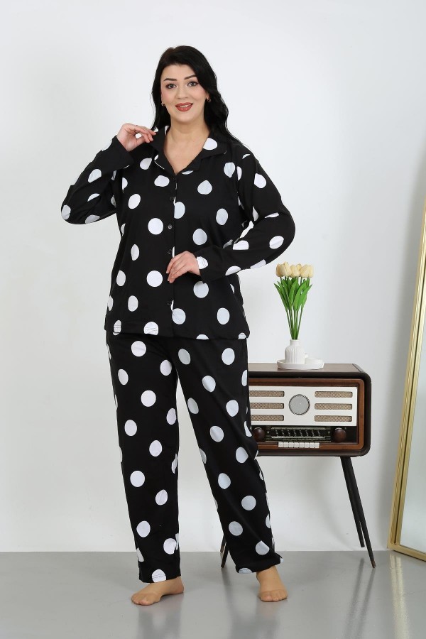 Moda Çizgi Kadın Büyük Beden Pamuklu Cepli Düğmeli Siyah Pijama Takım 202504