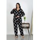Moda Çizgi Kadın Büyük Beden Pamuklu Cepli Düğmeli Siyah Pijama Takım 202504