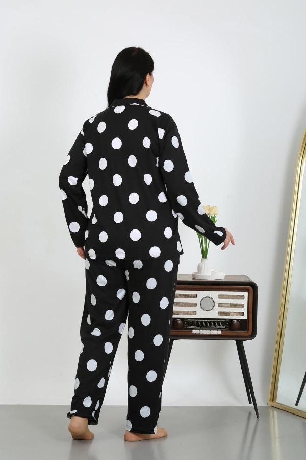 Moda Çizgi Kadın Büyük Beden Pamuklu Cepli Düğmeli Siyah Pijama Takım 202504