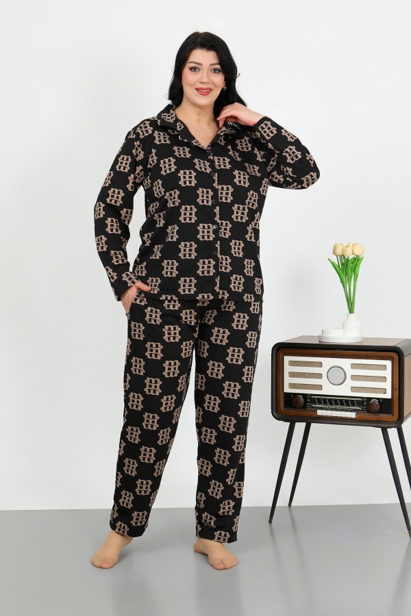 Moda Çizgi Kadın Büyük Beden Pamuklu Cepli Düğmeli Siyah Pijama Takım 202506
