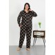 Moda Çizgi Kadın Büyük Beden Pamuklu Cepli Düğmeli Siyah Pijama Takım 202506
