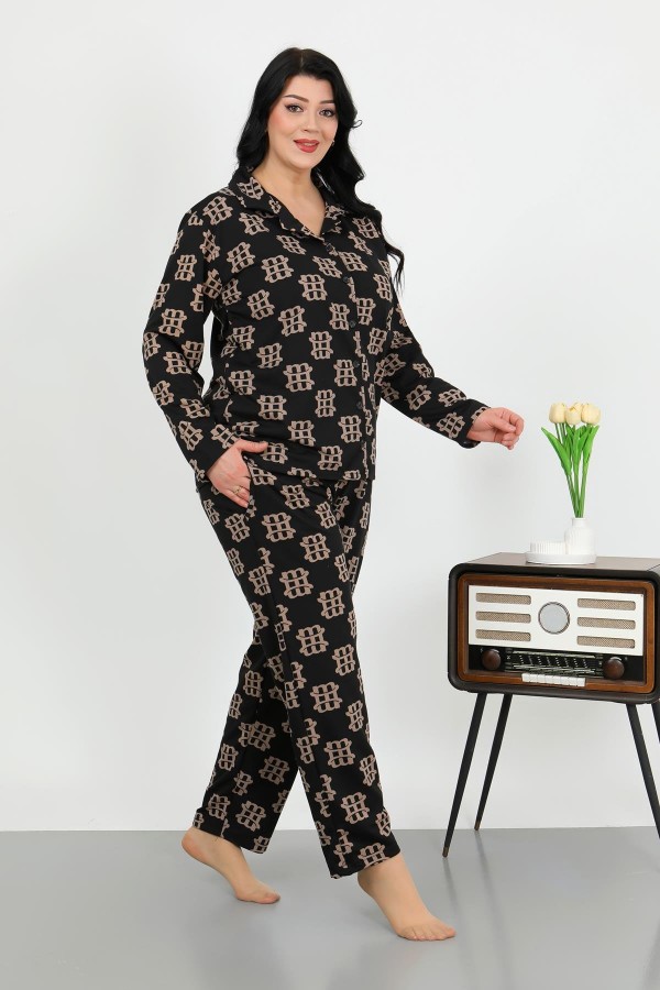 Moda Çizgi Kadın Büyük Beden Pamuklu Cepli Düğmeli Siyah Pijama Takım 202506