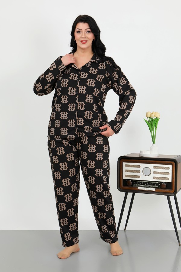 Moda Çizgi Kadın Büyük Beden Pamuklu Cepli Düğmeli Siyah Pijama Takım 202506