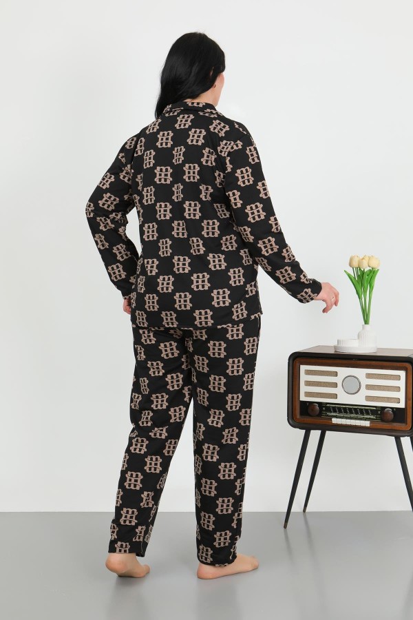 Moda Çizgi Kadın Büyük Beden Pamuklu Cepli Düğmeli Siyah Pijama Takım 202506