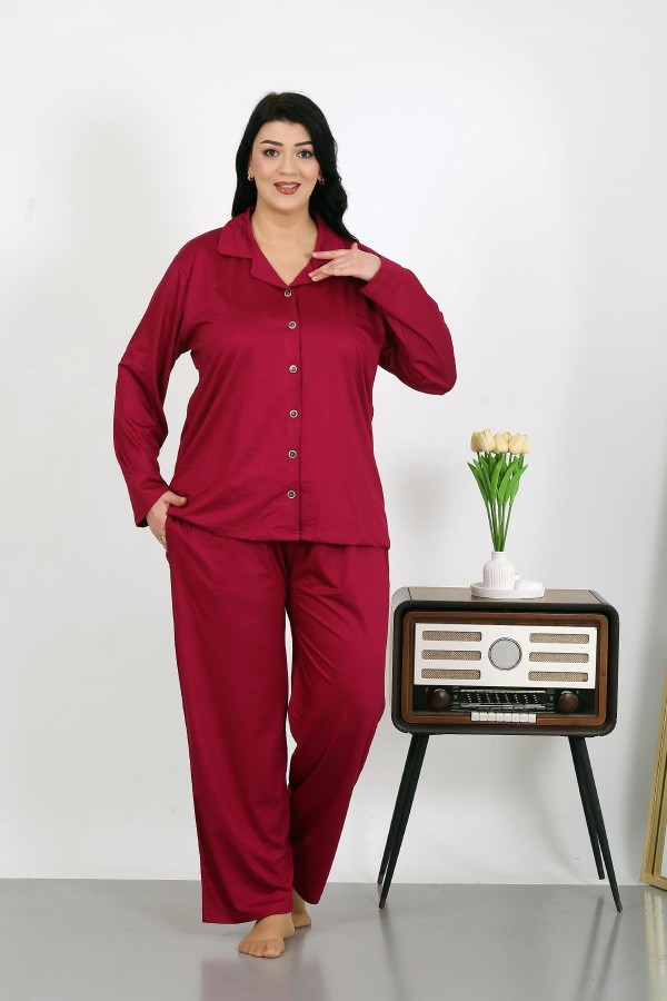 Moda Çizgi Kadın Büyük Beden Pamuklu Cepli Düğmeli Vişne Pijama Takım 202504