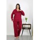 Moda Çizgi Kadın Büyük Beden Pamuklu Cepli Düğmeli Vişne Pijama Takım 202504
