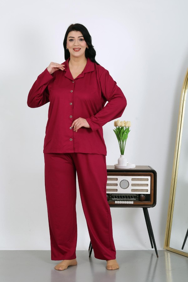Moda Çizgi Kadın Büyük Beden Pamuklu Cepli Düğmeli Vişne Pijama Takım 202504