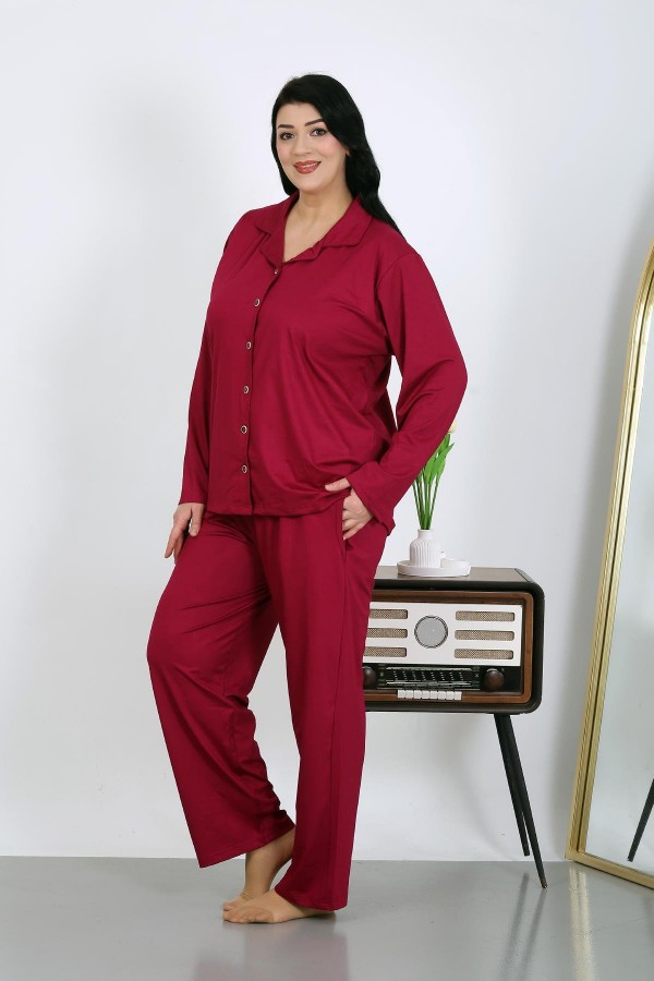 Moda Çizgi Kadın Büyük Beden Pamuklu Cepli Düğmeli Vişne Pijama Takım 202504