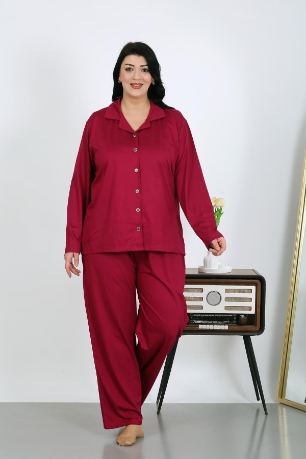 Moda Çizgi Kadın Büyük Beden Pamuklu Cepli Düğmeli Vişne Pijama Takım 202504