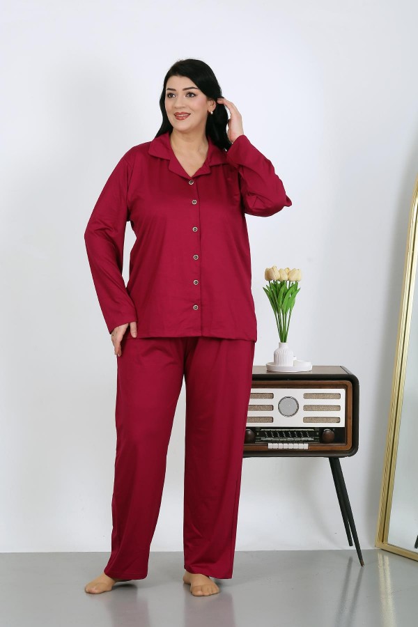 Moda Çizgi Kadın Büyük Beden Pamuklu Cepli Düğmeli Vişne Pijama Takım 202504