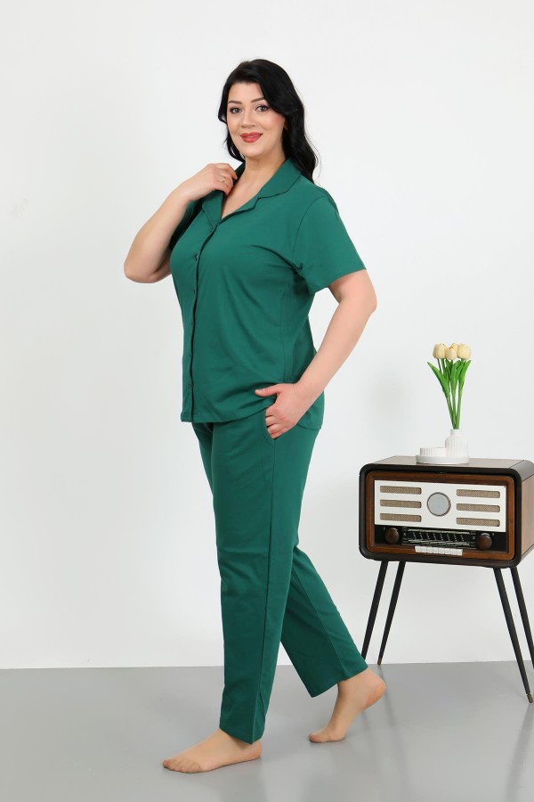 Moda Çizgi Kadın Büyük Beden Pamuklu Cepli Düğmeli ZümrütYeşili Pijama Takım 202507
