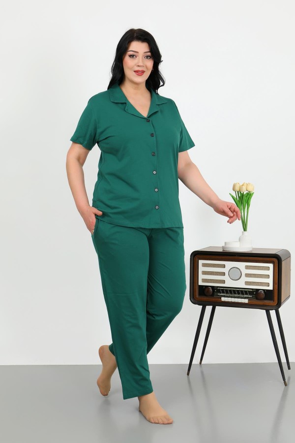 Moda Çizgi Kadın Büyük Beden Pamuklu Cepli Düğmeli ZümrütYeşili Pijama Takım 202507