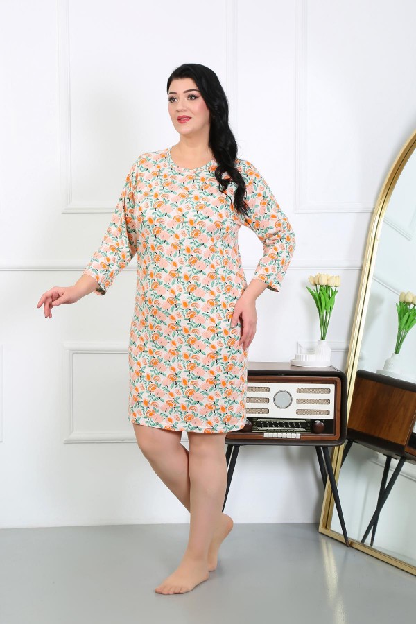 Moda Çizgi Kadın Büyük Beden Penye Gecelik Ev Elbisesi Krem 12507