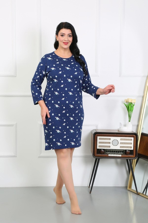 Moda Çizgi Kadın Büyük Beden Penye Gecelik Ev Elbisesi Lacivert 12507