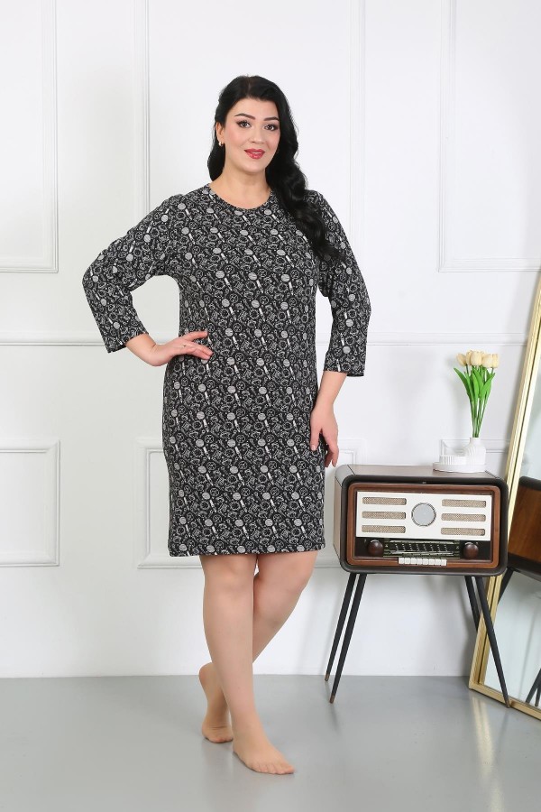 Moda Çizgi Kadın Büyük Beden Penye Gecelik Ev Elbisesi Siyah 12507