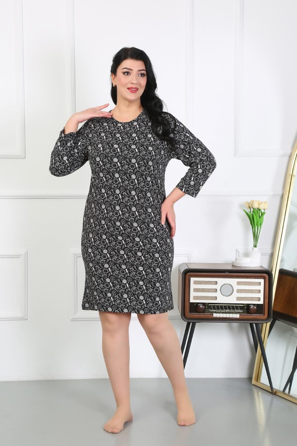 Moda Çizgi Kadın Büyük Beden Penye Gecelik Ev Elbisesi Siyah 12507