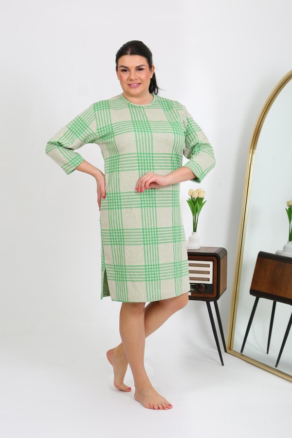 Moda Çizgi Kadın Büyük Beden Penye Gecelik Ev Elbisesi Yeşil 12508