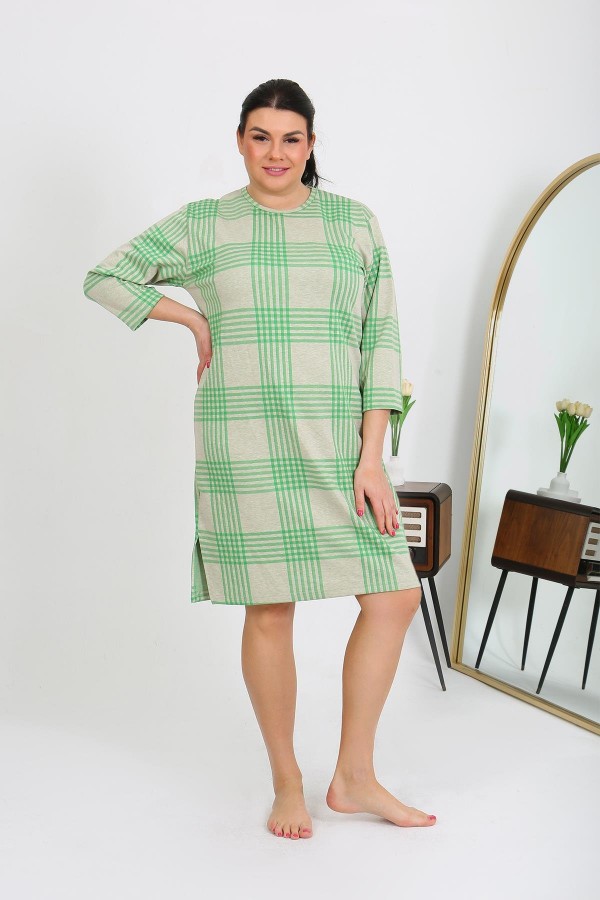 Moda Çizgi Kadın Büyük Beden Penye Gecelik Ev Elbisesi Yeşil 12508