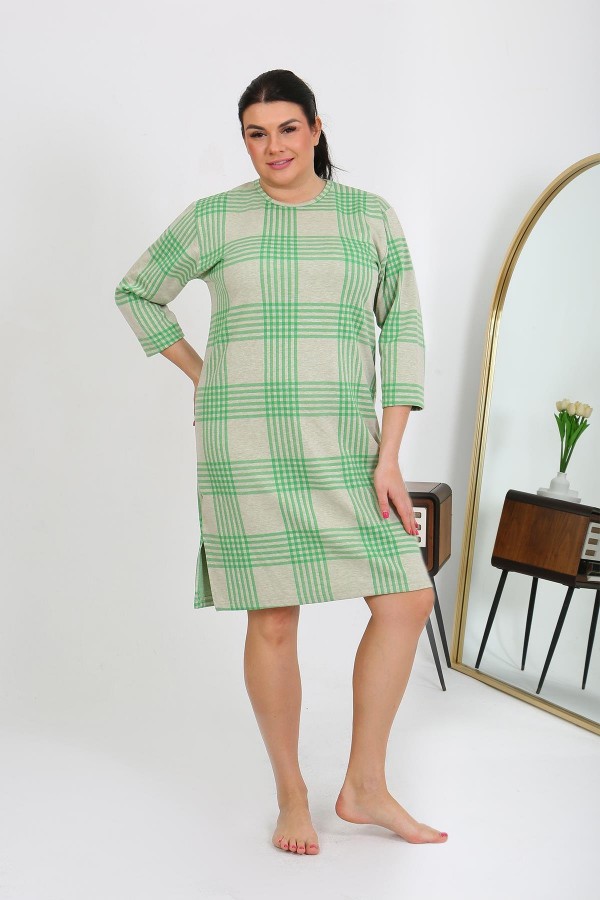 Moda Çizgi Kadın Büyük Beden Penye Gecelik Ev Elbisesi Yeşil 12508