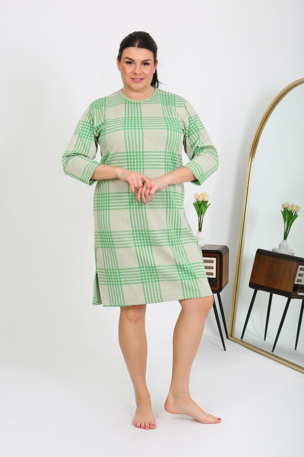 Moda Çizgi Kadın Büyük Beden Penye Gecelik Ev Elbisesi Yeşil 12508