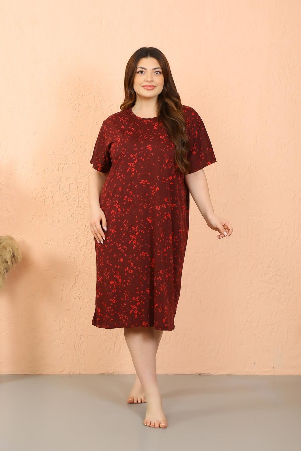Moda Çizgi Kadın Büyük Beden Penye Kısa Kol Bordo Gecelik 12503