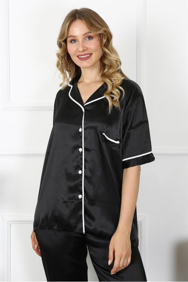 Moda Çizgi Kadın Büyük Beden Siyah Saten Pijama Takımı 10303