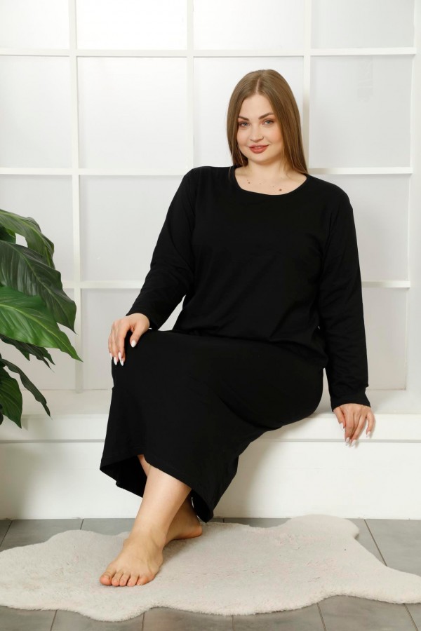 Moda Çizgi Kadın Büyük Beden Uzun Kol Anne Gecelik 1308 Siyah