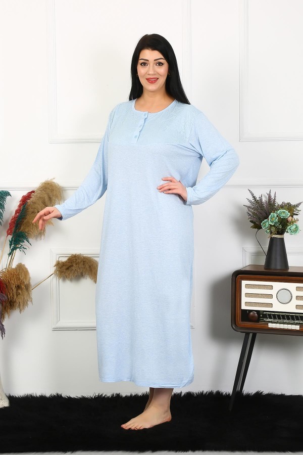 Moda Çizgi Kadın Büyük Beden Uzun Kol Dantelli Mavi Anne Gecelik 1361