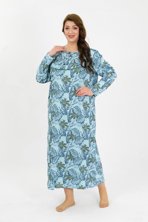 Moda Çizgi Kadın Büyük Beden Uzun Kol Mavi Anne Gecelik 1378