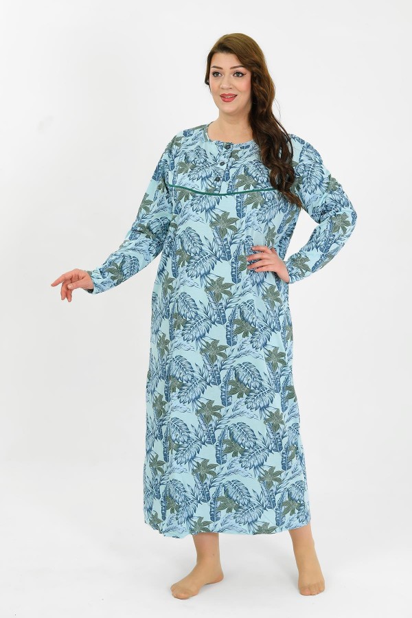 Moda Çizgi Kadın Büyük Beden Uzun Kol Mavi Anne Gecelik 1378