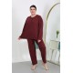 Moda Çizgi Kadın Büyük Beden Uzun Kol Penye Pijama Takımı Bordo 202501